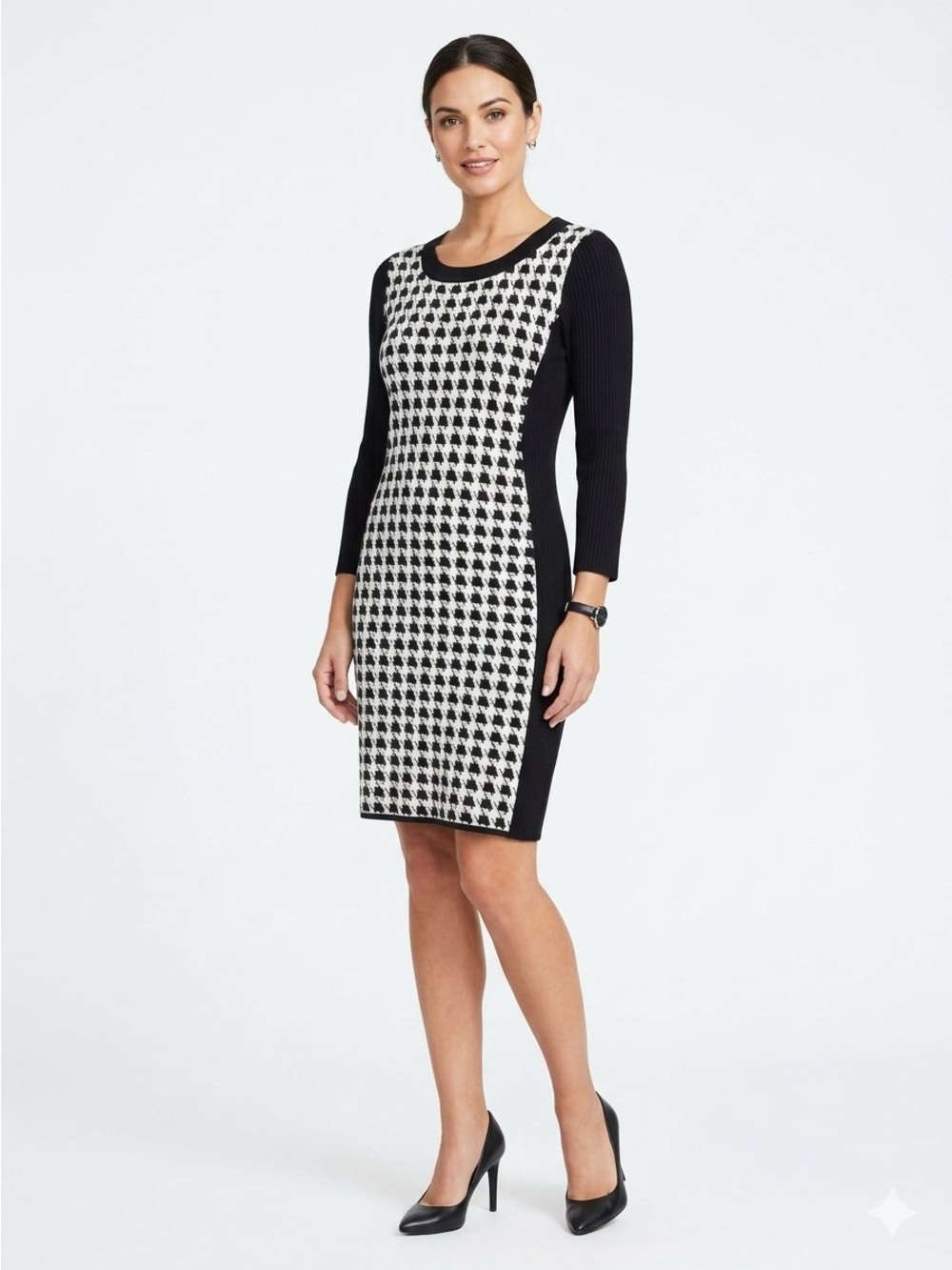 madison leigh Black and White Houndstooth Midi Sheath Dress